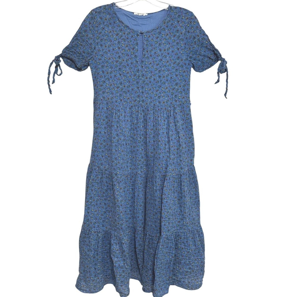 Madewell Tiered Midi Dress Womens Blue Floral Tie Sleeve Prairie Cottagecore XXS